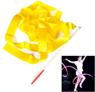 Snug & Styled Kids Artistic Gymnastics Ribbon Wand Set 4M Satin Dance Streamers For Ballet, Training & Play yellow