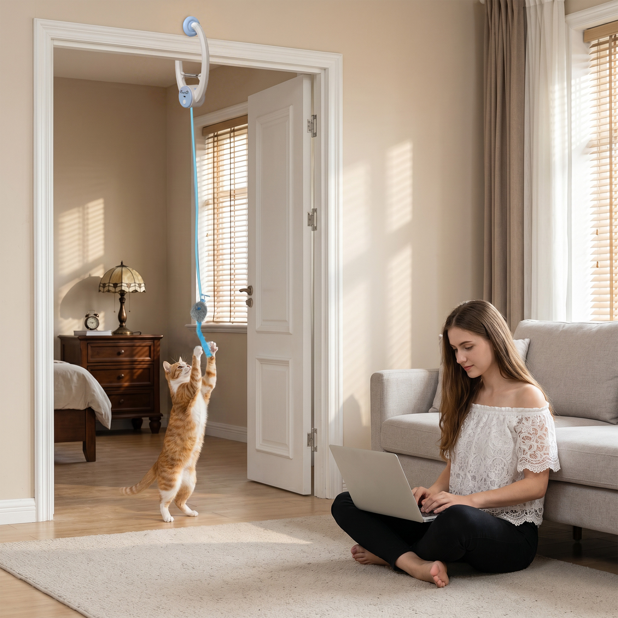 Pawhut Giocattolo Interattivo per Gatti Ricaricabile Via USB Appendibile alla Porta con Topo Saltellante, 24,1x13,8x6,6 cm, Bianco   Aosom Italy