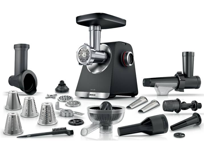 BOSCH Fleischwolf Serie 6 MFWS682B, 3,5kg/Min., Zitruspresse, Raspel, Wurststopfer , schwarz, B:20cm H:24,7cm T:24cm, Zerkleinerer, 2 Lochscheiben (3&8mm), 10 J Motorgarantie, Planetengetriebe, schwarz, Fleischwolf