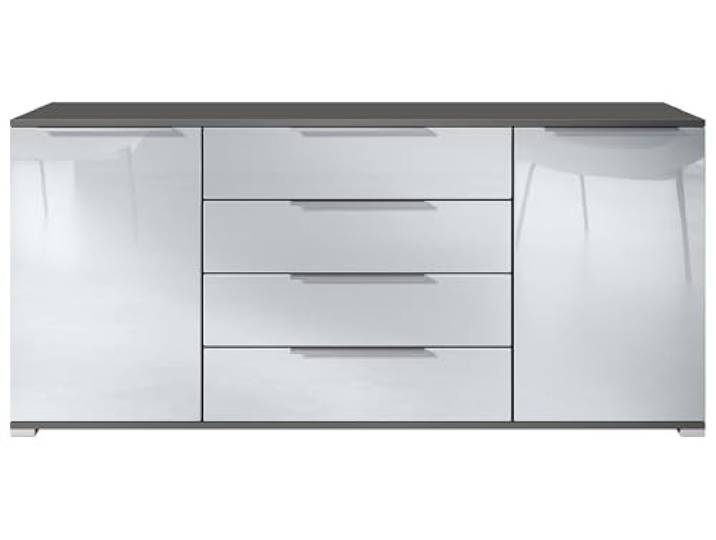 Vladon Sideboard Linio V2 – Moderne Kommode mit 2 Türen & 4 Schubladen, Anthrazit matt/Weiß Hochglanz, 166,5 x 72,5 x 35 cm (BxHxT) – Beistellschrank Anrichte Standschrank