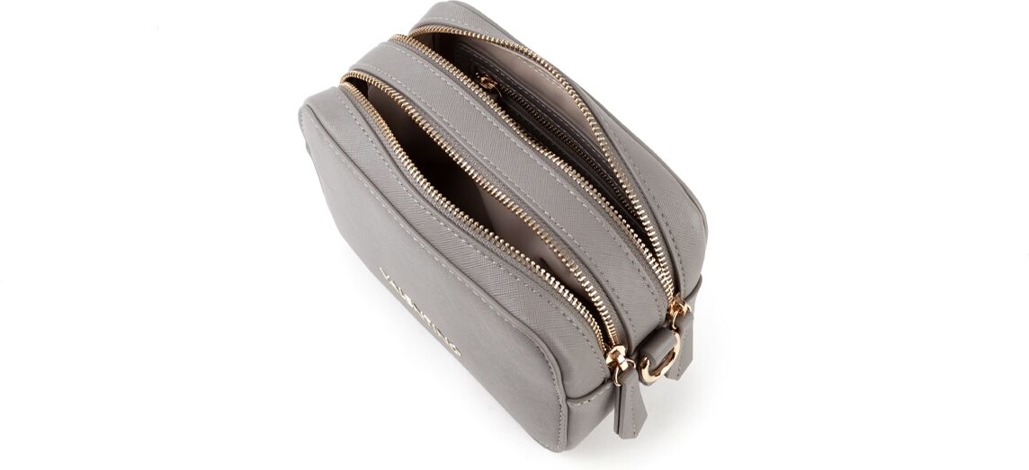 Mini Bag VALENTINO BAGS "ZERO RE", Damen, Gr. B/H/T: 18cm x 12cm x 8cm, grau (hellgrau), Lederimitat, Taschen Mini Bag, Damen Umhängetasche, Schultertasche, Kamarabag mit Logoschriftzug hellgrau B/H/T: 18cm x 12cm x 8cm