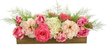 Creative Labs Hydrangea and Peony Floral Arrangement in a Wooden Basket - White, Pink, Magenta, Green