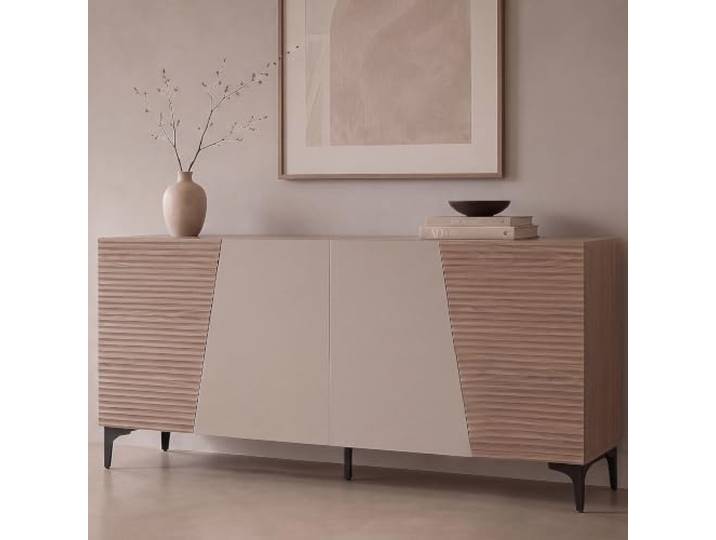 Sideboard HWC-Q83, Staufächer MDF Melamin 80x160x42cm - Nussbaum-Optik hell Kommode, Schrank, Türen, 3D-Struktur