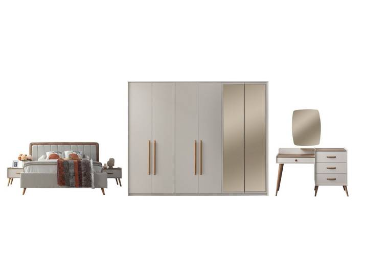 Villa Möbel Schlafzimmer-Set Giza, (Schlafzimmer-Set, 5-tlg., Bett mit Kopfteil, 2 Nachttische, Kleiderschrank und Kommode), Bett mit Stoffbezug wohnlich ruhig pflegeleichtes Set