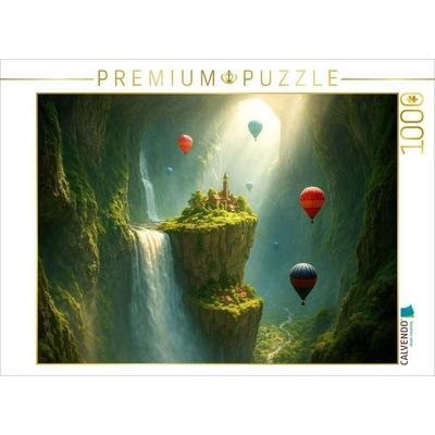 CALVENDO Puzzle Aufbruch am Wasserfall entlang - Heißluftballons in einer riesigen Höhle | 1000 Teile Lege-Größe 64x48cm Foto-Puzzle für glückliche