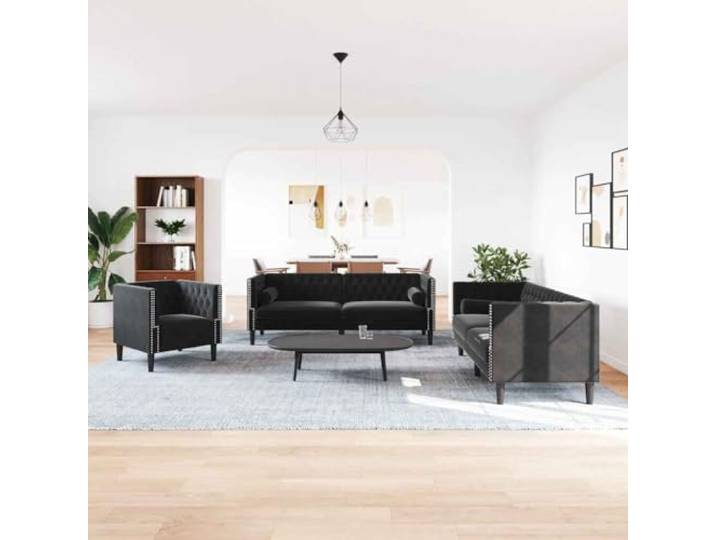 KTHLBRH Chesterfield-Sofa-Set, 3-teilig, Schwarz, Samt Schaumstoff, Massivholz, 4 Kissen inklusive, 110 kg Kapazität
