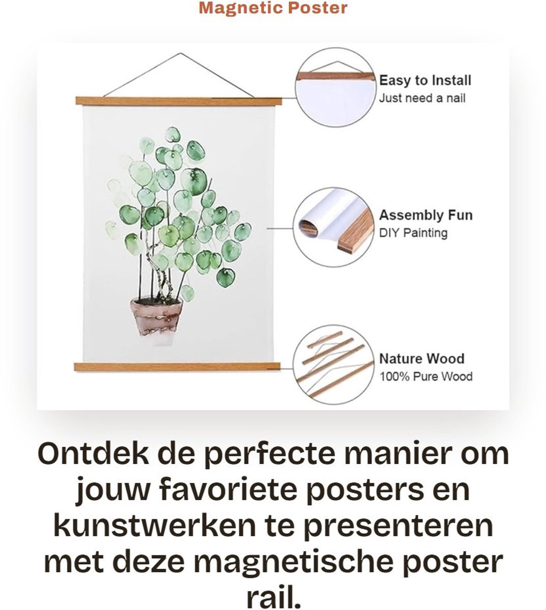 Dailygoods Posterrail Houten Posterhanger - Magnetische Wanddecoratie - 40 cm