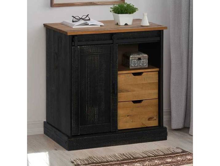 NEW 2026  Buffet Classique Armoire latérale pour salon HALDEN porte coulissante noir 80x40x80 cm bois massif L3718