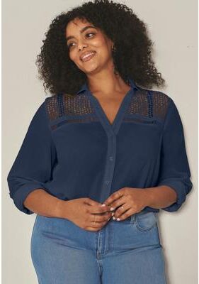 Plus Size Women's Long Sleeve Lace Detail Shirt by Avenue in Navy (Size 20)