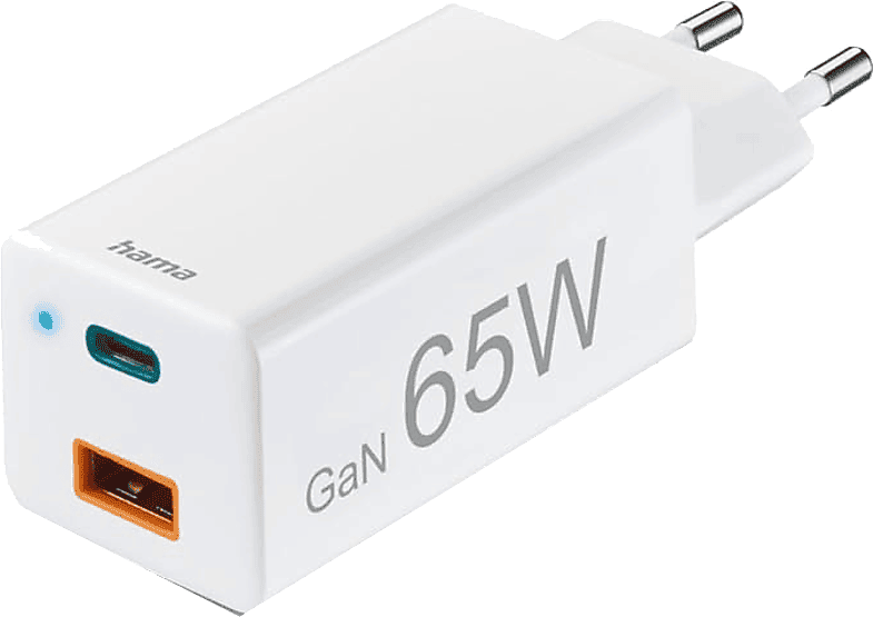 Cargador móvil - Hama GSM Mini, 65W, 220V, Carga rápida, USB-A y USB-C, 2 dispositivos a la vez, Blanco