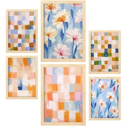 POSTER Set Mit 6 Orange & Blau Mosaik 1 In Zusammenfassungen A3 & A4 Rahmen Aus Hellem Holz