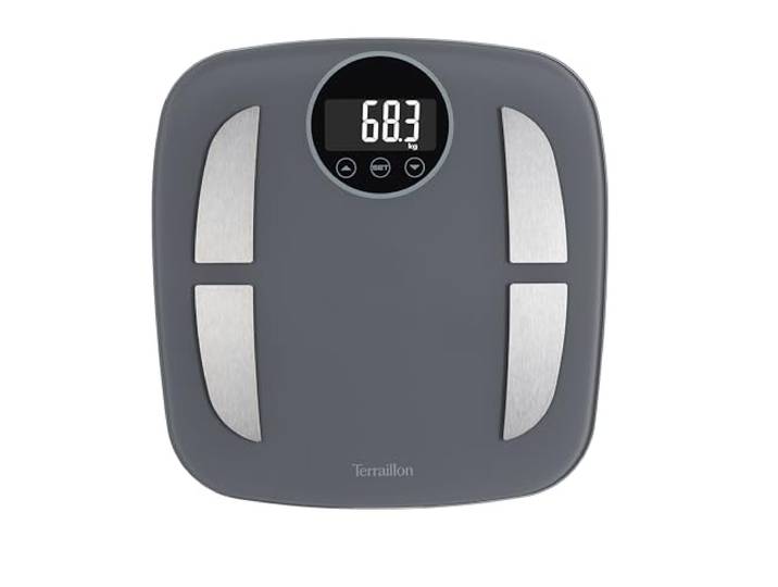 TERRAILLON Balance Pese personne électronique\, impédancemètre POWER FIT Analyse des masses graisseuse\, musculaire\, hydrique\, osseuse et IMC\, Ecran rétro-éclairé\, Jusqu'à 160 kg\, Précision 100g