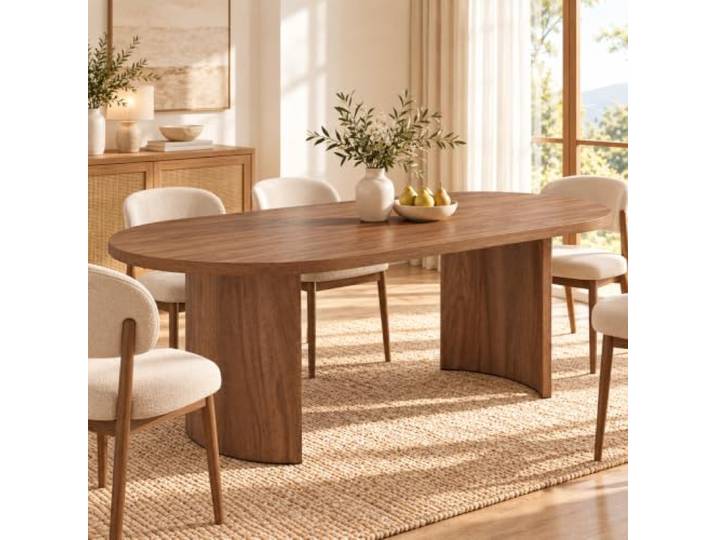 Esstisch 200 x 90 cm, 6–8 Personen, 28 mm Platte, gebogene Beine, Nussbaum Sanft gerundete Kanten und geschwungene Beine machen den Tisch zum stilvollen Mittelpunkt für Familienessen und Gäste.