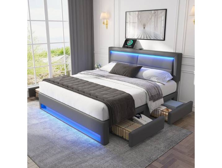 Lit double tapissier - 140x200 cm - 4 tiroirs - Chargeur USB & recharge sans fil - LED 12 couleurs télécommande