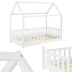 Juskys Kinderbett Marli 80 x 160 cm Rausfallschutz, Lattenrost & Dach   Weiß   Hausbett   Holz