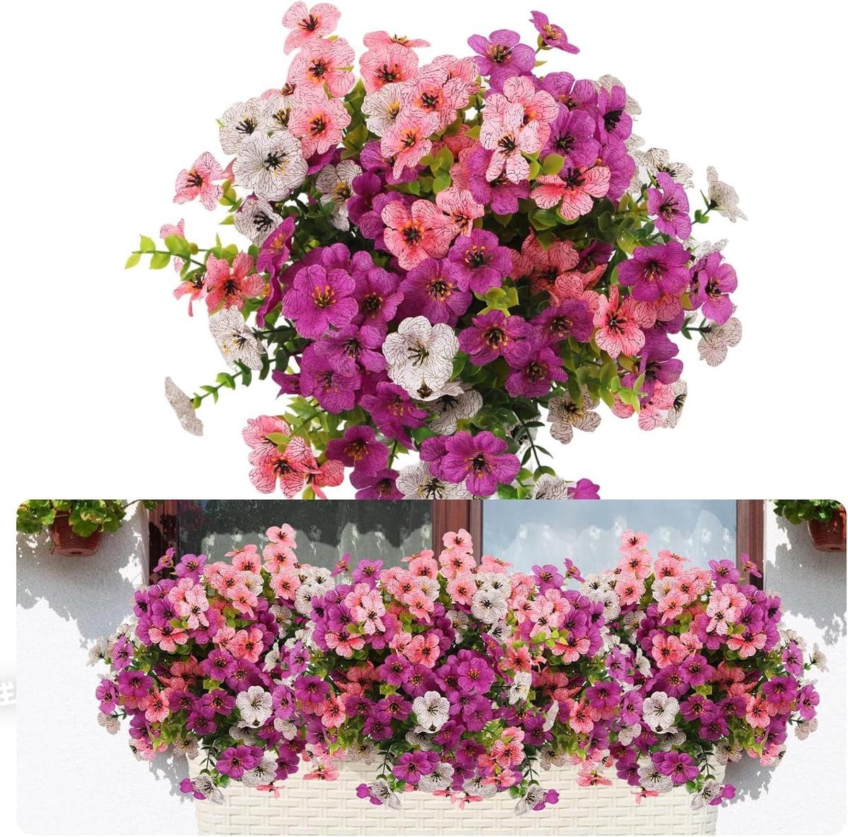 Set van 7 UV-bestendige kunstbloemen bundels voor buiten decoratie in violet, roze en wit