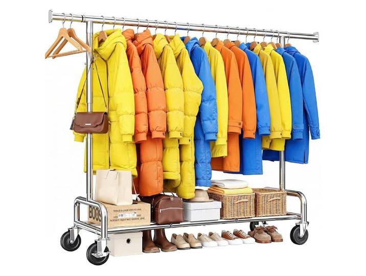 Portant à vêtements solide à roulettes capacité 140kg réglable 131-189cm pour manteaux et vestes