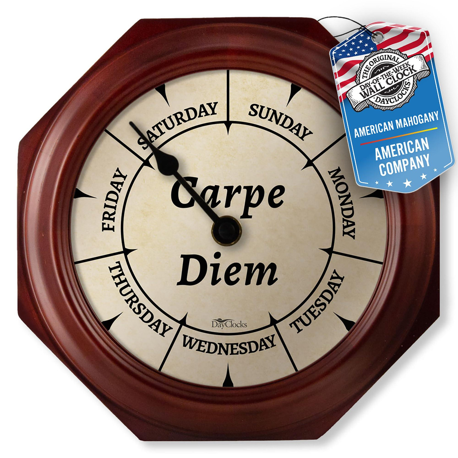 Dripio Wandklok Carpe Diem - 9,5 inch mahoniehouten wandklok met dagweergave