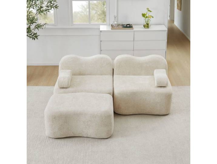 Canapé d'angle modulaire 2 places - EVRYAE avec ottoman relié sans montage et structure sans cadre - Velours - Beige