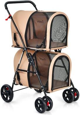 Costway 4-in-1 Double Pet Stroller with Detachable Carrier and Travel Carriage-Beige