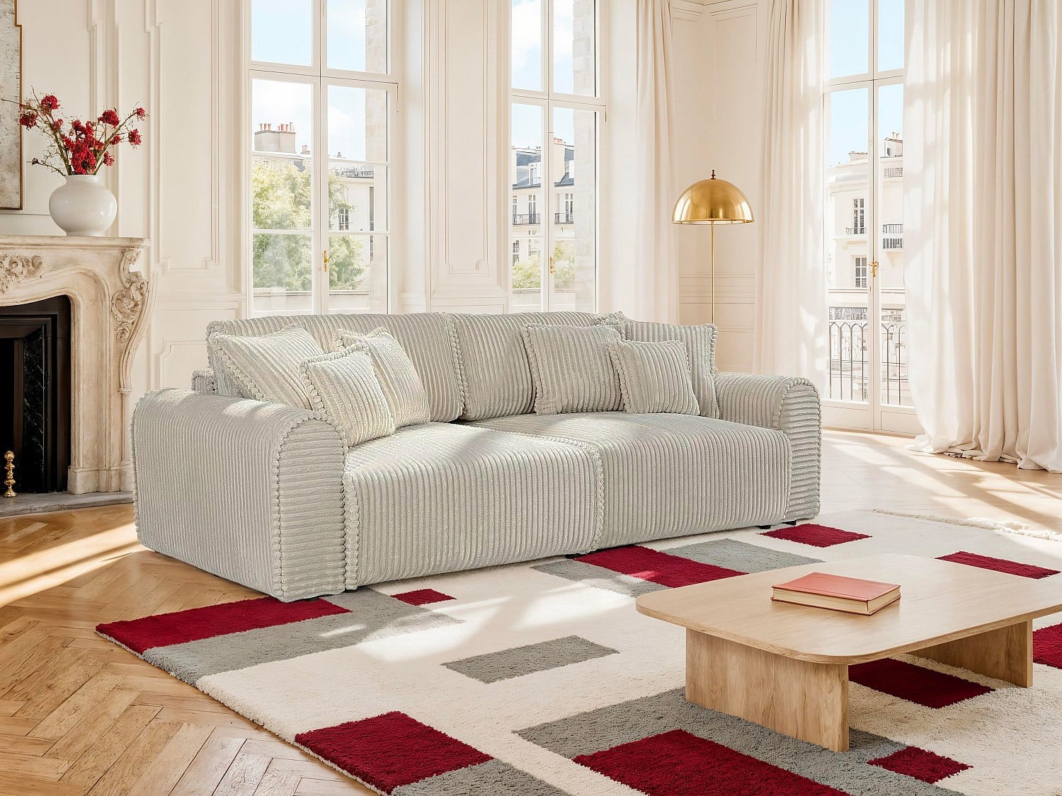 TELARO Vierzits slaapbank met diepere zit in beige grof ribfluweel