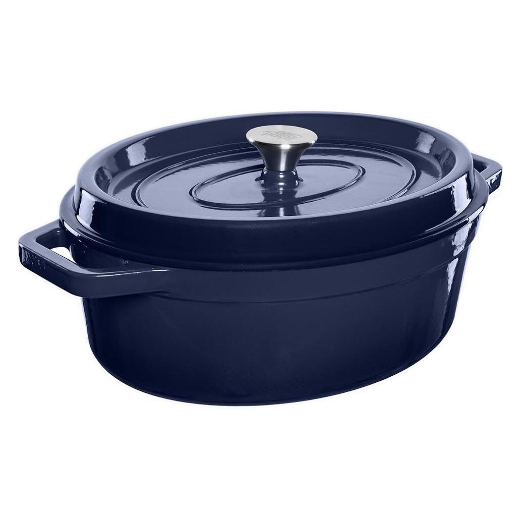 Grand Feu Oval, "Poud" type pot with lid 5.6l capacity, Blue color (Bräter + Schmortopf, Kochtopf, Stielkasserolle, Gusseisen) (OVALBLUE)