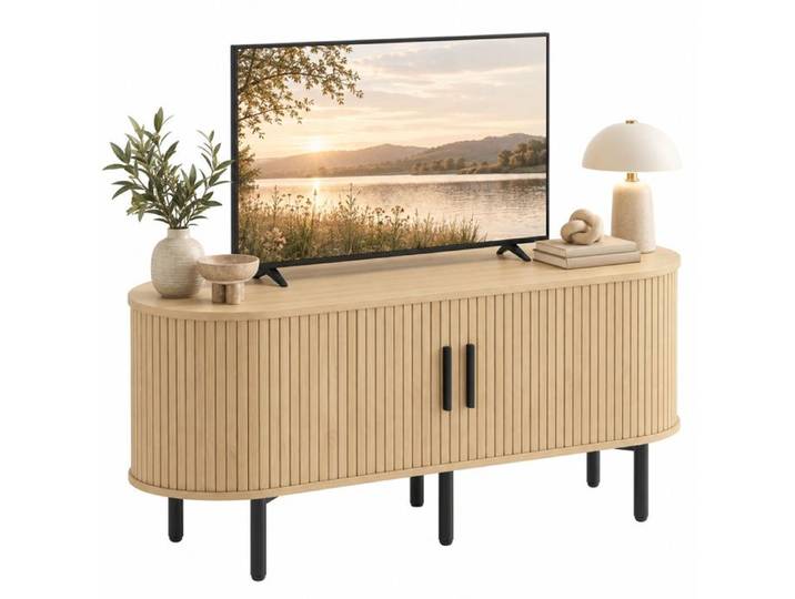 Meuble TV - HOMCOM - 50 pouces - 2 portes coulissantes à tambour et 4 compartiments - bois - 106 x 35 x 50 cm - chêne