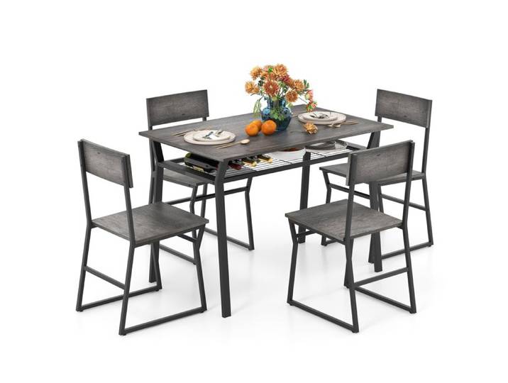 GIANTEX Ensemble de Table à Manger 5 Pièces- Table de Cuisine avec 4 Chaises- Cadre en Métal- Étagère de Rangement- Gris
