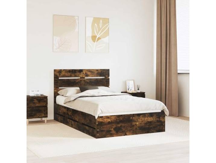 RJPLMFV Bettgestell, 135 x 190 cm, Holz, Technik, Eiche Rauch Mit integrierten Schubladen, festen Latten, modernes Design, pflegeleicht