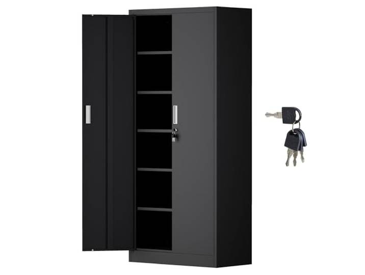 iJINGUR Metallschrank, abschließbar, 2 Türen, 180 x 80 x 40 cm, Schwarz 4 Schlüssel, 5 verstellbare Einlegeböden für Akten, Werkzeuge und Vorräte; für Büro, Garage und Werkstatt