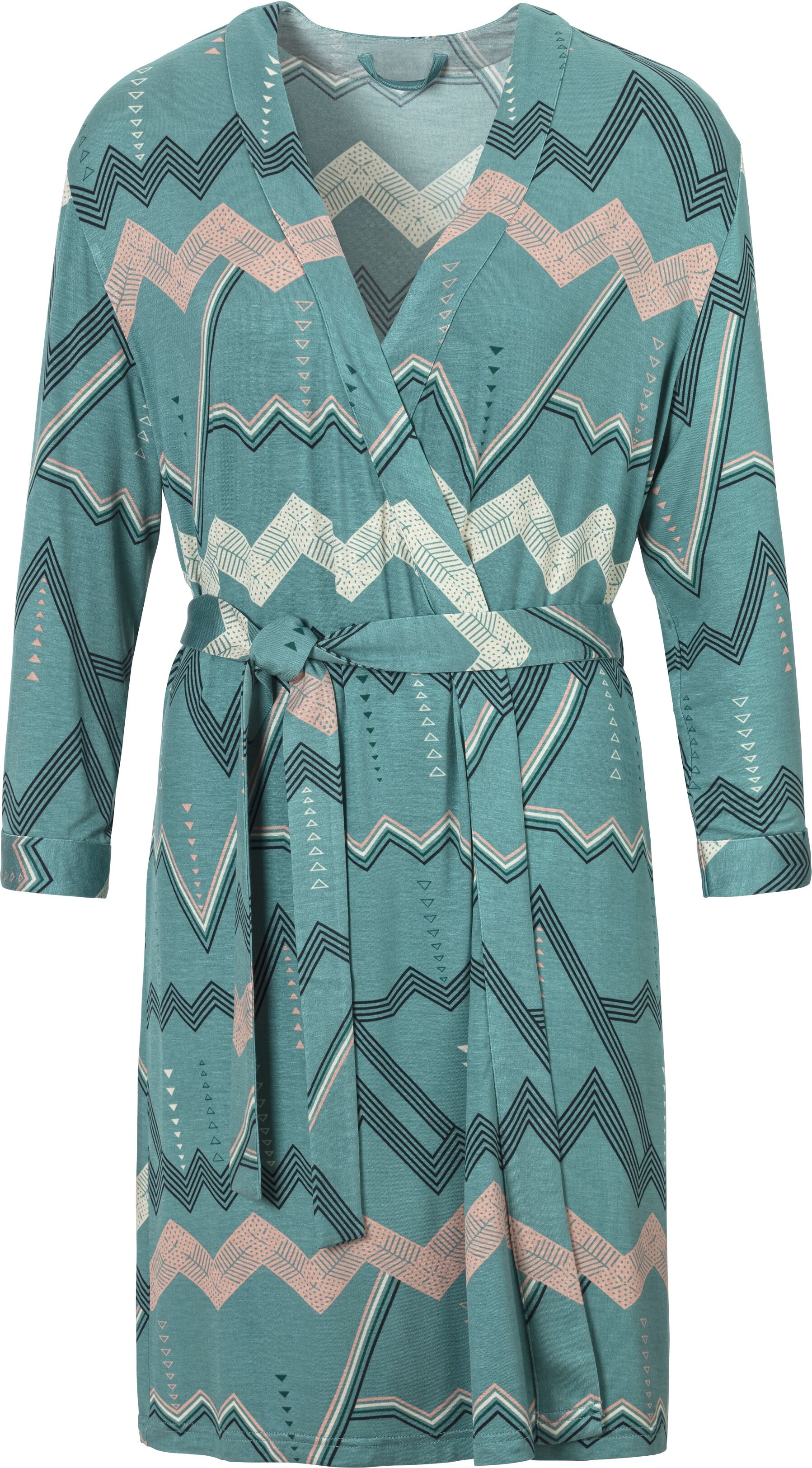 Kimono LASCANA, Damen, Gr. 32/34, blau (türkis), Viskose, gemustert, Kurzform, Hausmäntel Kimono, mit grafischem Zick-Zack Muster türkis 32/34