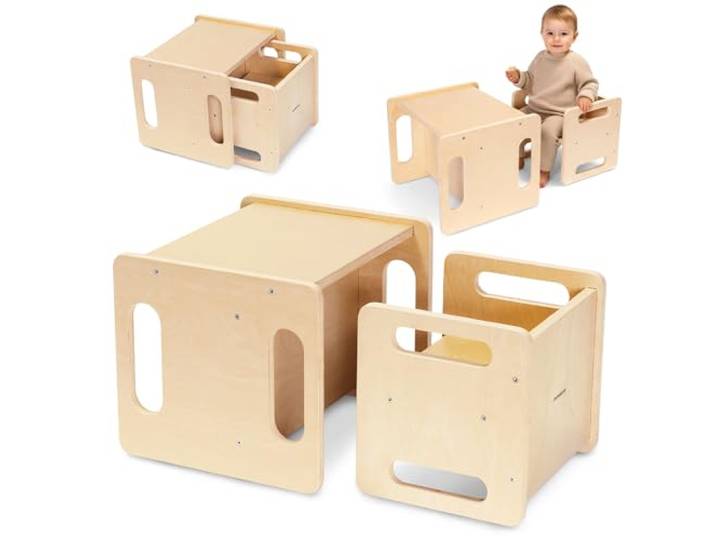 mamabrum Multifunktionaler Kindertisch – Tisch und Hocker mit Podestfunktion – Holzset 39x36 cm – Lernen Spielen und Alltag ab 3 Jahren