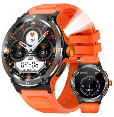 Daily Deals Depot KT76 Smart Watch Waterproof Men Sport, Compass, LED Flashlight, Heart Rate Monitor, Sleep, Bluetooth Call orange