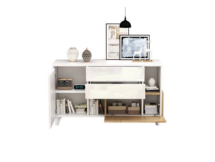 Odikalo Anrichte Schließfach Ess-Sideboard Wohnzimmerschrank,Hochglanz & Holzoptik Weiß