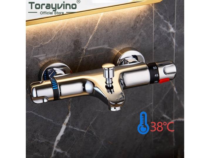 Torayvino-Robinet de contrôle thermostatique pour douche de bain, robinet d'eau de centre commercial, montage mural astronomique, HOChrome, température polie