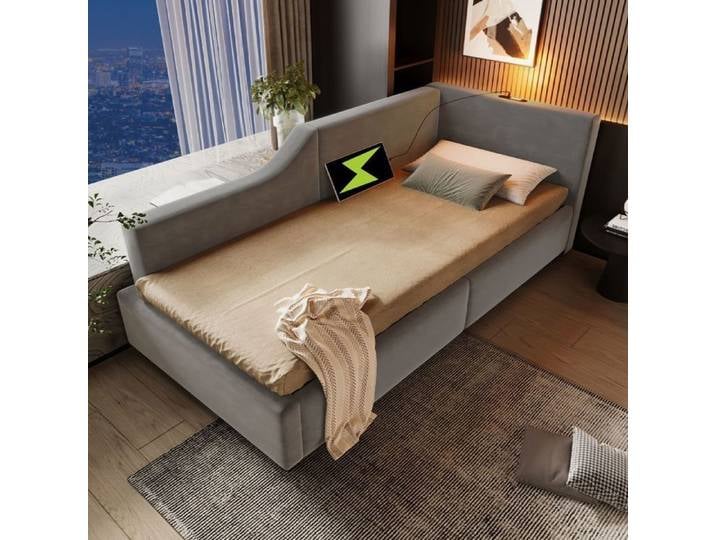 Lit coffre - SOGEU - 90x200 - Capitonné - Velours gris - Liseuse & USB-C
