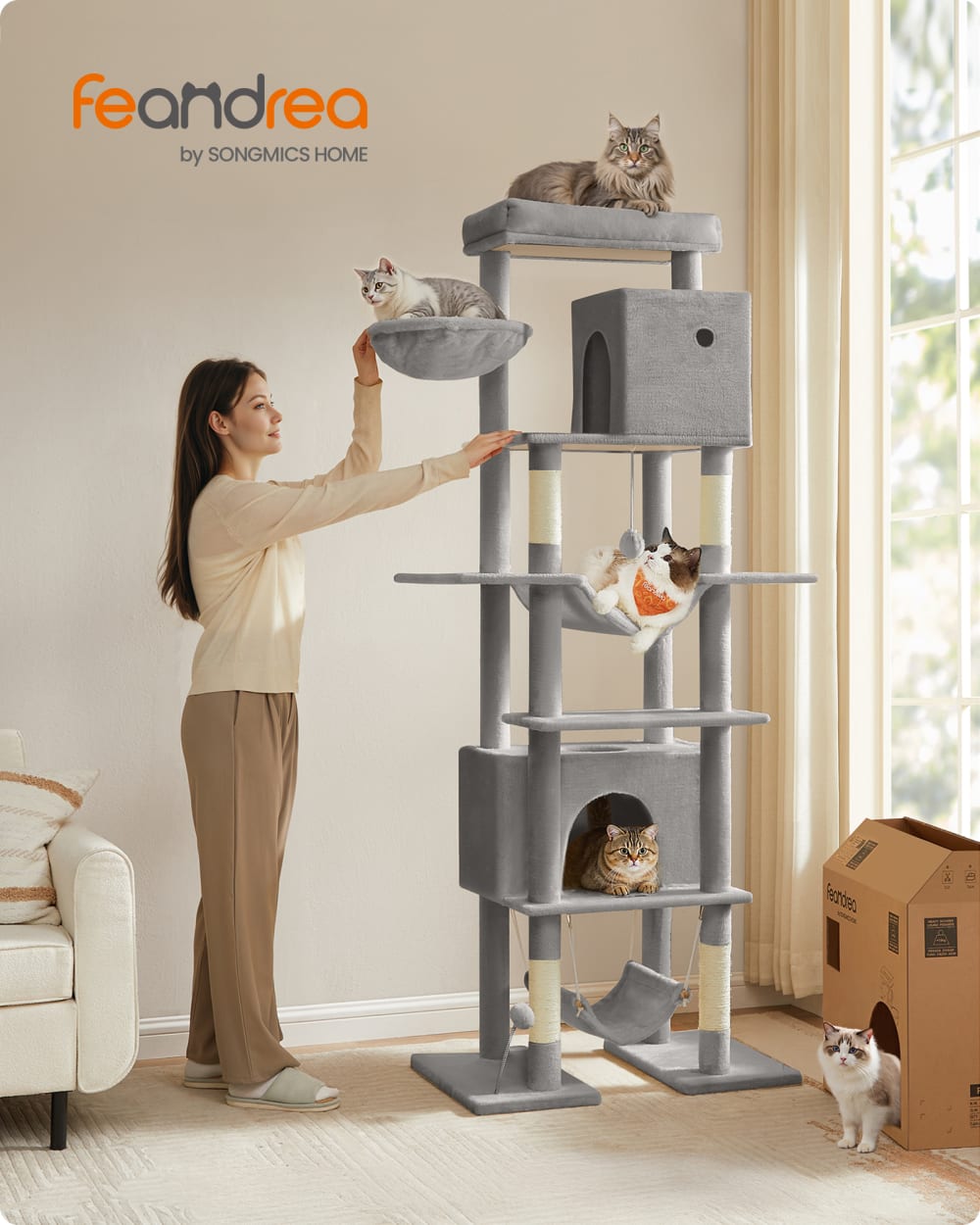 FEANDREA Arbre à chat grande tour pour chats d'intérieur condo pour chats gris Gris 78x201x48cm