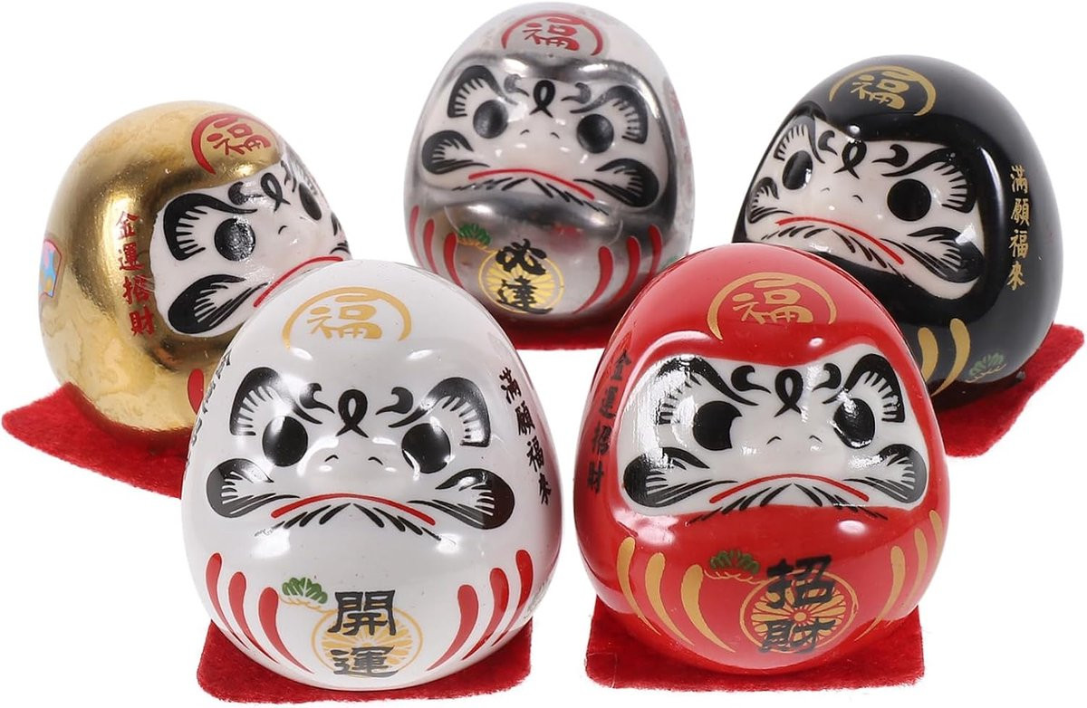 Set van 5 unieke keramische Japanse pop beeldjes in multicolor voor op tafel