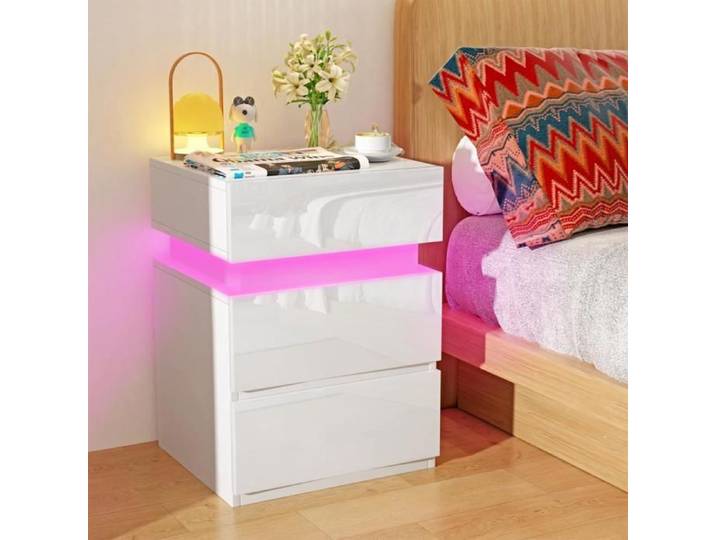 Table de Chevet - PIPIPOXER - 3 Tiroirs - RGB LED Multicolore Réglable - Table de Chevet Blanc - 40x35x56cm