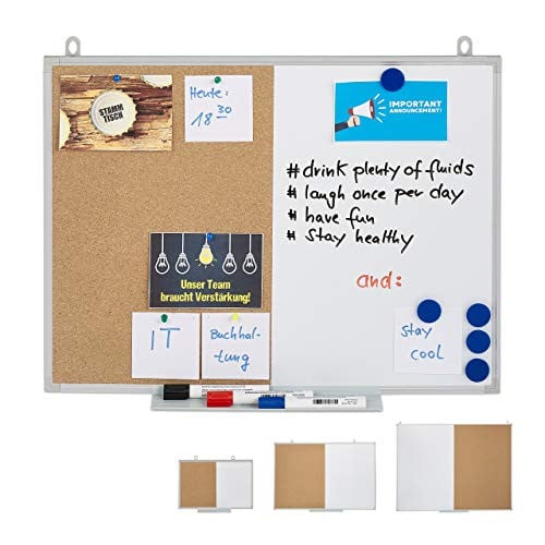 Relaxdays Combibord Whiteboard en Prikbord in Wit en Zilver, B: 60 cm, H: 45 cm
