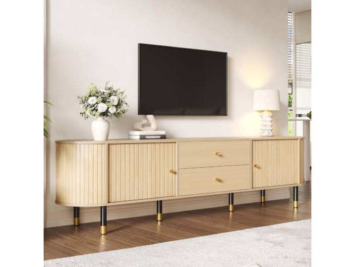 BXEYXE TV Schrank Lowboard, TV-Bänke180x40x58cm, Ovaler Lowboard-Schrank mit Schiebetüren und Zwei Schubladen – TV-Möbel in Holzoptik für das Wohnzimmer.