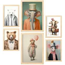 POSTER Set Mit 6 Zirkustiere A3 & A4 Rahmen Aus Hellem Holz