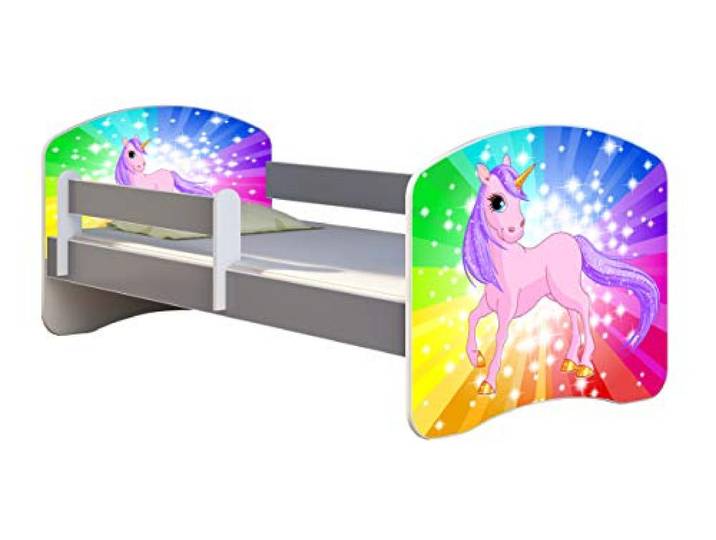 ACMA Kinderbett Jugendbett mit Matratze Grau mit Rausfallschutz Lattenrost II Spielbett Kinderzimmer Möbel (18 Pony Regenbogen, 140x70)
