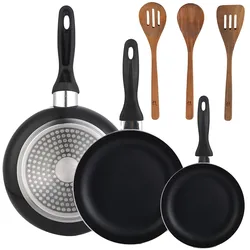 BERGNER - Set aus 3 Pfannen Ø16/20/24cm aus gepresstem Aluminium in schwarz mit Set 3 Küchenutensilien aus Akazienholz