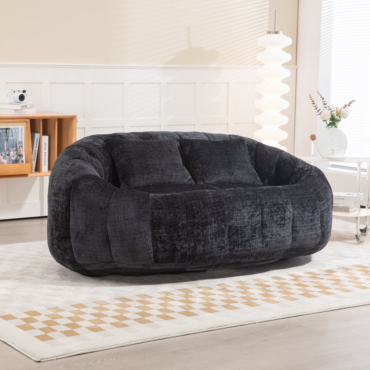 OKWISH Zitzakbank – 2-Zits Relaxbank met Traagschuim en Armleuningen – Zwart Chenille