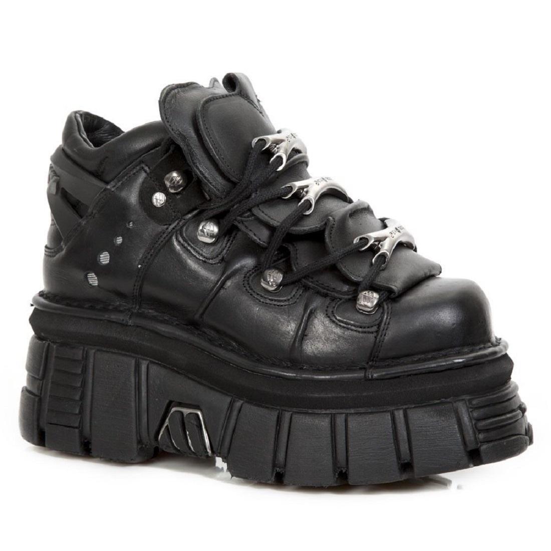 NEW ROCK 106-S29 TOWER SHOES Biker-Punk-Gothic-Stiefel aus schwarzem Leder in Metallic-Optik