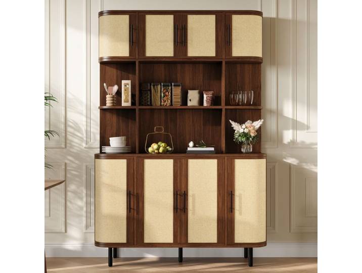 Buffet haut 8 portes effet cannage et niches ouvertes - LPOSPI - pieds métal MDF noyer design moderne