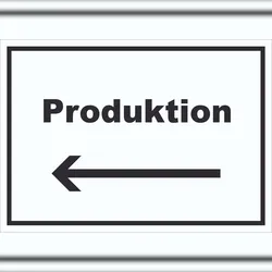 HB-Druck Produktion Schild mit Text und Richtungspfeil links Herstellung waagerecht A5 (148x210mm)