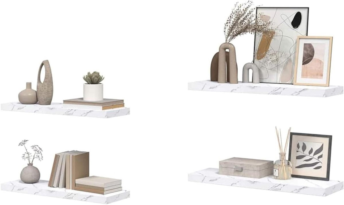 Wandplank Set Marmer Wit - Moderne Opbergplanken voor Woonkamer, Keuken of Badkamer - 80 cm Lengte