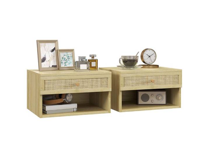 Lot de 2 tables de chevet HOMCOM murales tiroir coulissant niche plateau - façade effet rotin tissé dim. 40L x 34l x 23H cm